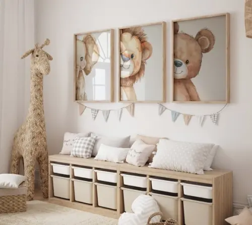 Kit 3 Quadros Decorativos Moldura Elefante Leão Ursinho A3