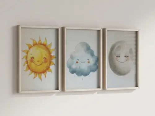 Kit 3 Quadros Decorativos Moldura Sol Nuvem Lua