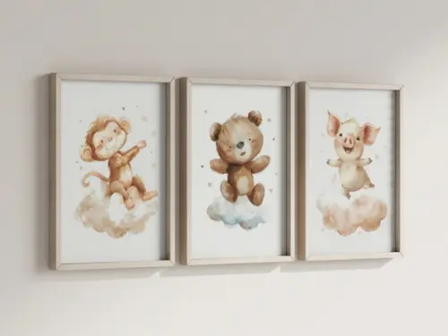 Kit 3 Quadros Decorativo Moldura Macaco Urso Porco