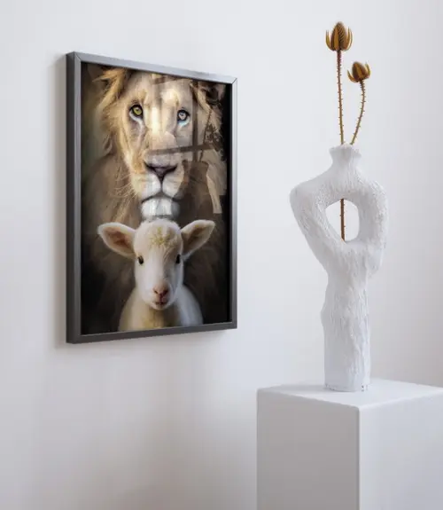 Quadro Decorativo com Moldura Leão e Ovelha Bom Pastor A3