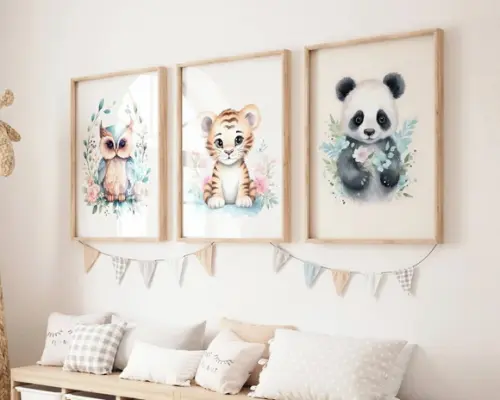 Kit 3 Quadros Decorativo Moldura Coruja Onça Panda Fofo A3