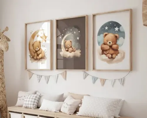 Kit 3 Quadros Decorativo Moldura Ursinhos Fofo Dormindo A3 B