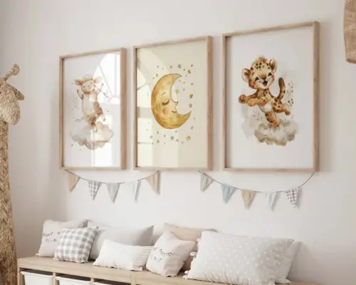 Kit 3 Quadros Decorativo Moldura Ovelha Lua Onça A3