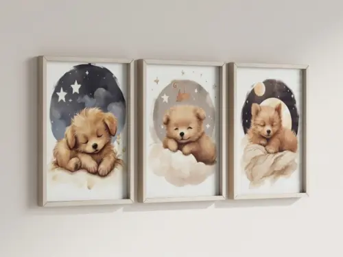Kit 3 Quadros Decorativo Moldura Cachorro Fofo Dormindo