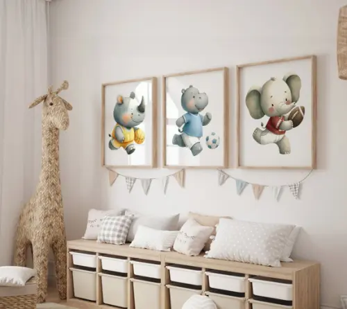 Kit 3 Quadros Decorativos Moldura Bebe Safari Animal Bola A3