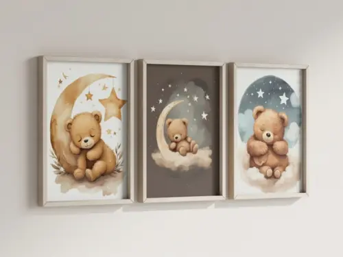 Kit 3 Quadros Decorativo Moldura Ursinhos Fofo Dormindo B