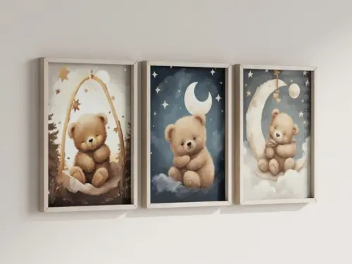 Kit 3 Quadros Decorativo Moldura Ursinhos Fofo Dormindo