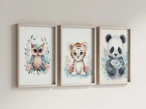 Kit 3 Quadros Decorativo Moldura Coruja Onça Panda Fofo