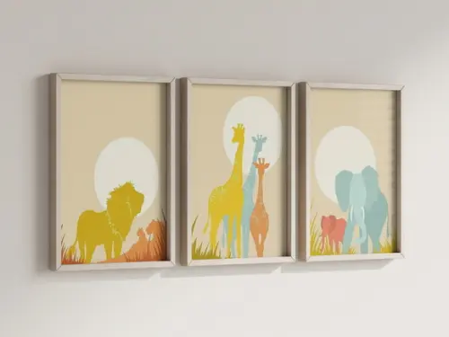 Kit 3 Quadros Decorativos Moldura Safari Infantil