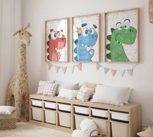 Kit 3 Quadros Decorativo Moldura Dino Baby Fofinho A3