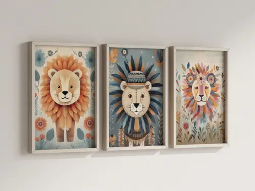 Kit 3 Quadros Decorativo Moldura Leão Fofo Maternidade