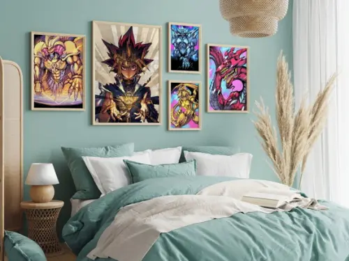 Kit 5 Quadros Decorativos Moldura Yu Gi Oh Decoração