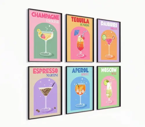 Kit 6 Quadros Decorativos Moldura Drinks Bebidas Coquetel