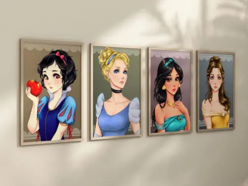 Kit 4 Quadros Decorativos Moldura Princesas Mangá