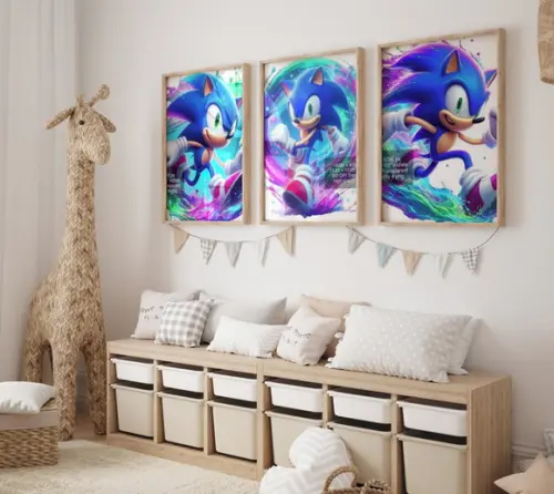 Kit 3 Quadros Decorativos Moldura Sonic Aquarela Grande A3