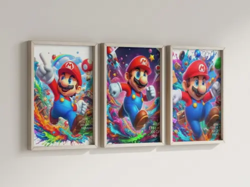 Kit 3 Quadros Decorativos Moldura Mario Personagens Arte B
