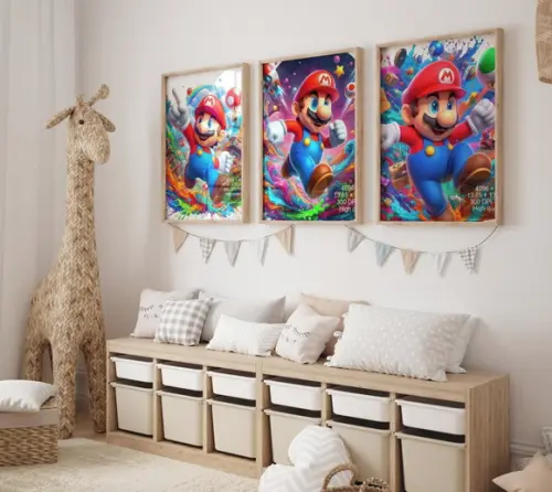 Kit 3 Quadros Decorativos Moldura Mario Personagens Arte A3