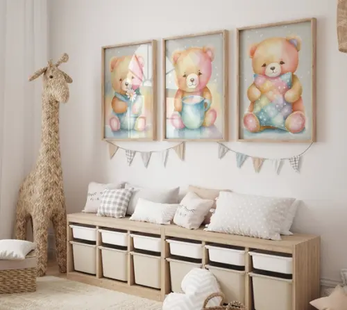 Kit 3 Quadros Decorativos Moldura Ursinho Pelúcia Arte A3