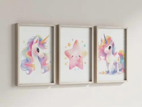 Kit 3 Quadros Decorativos Moldura Unicórnio Infantil Decorar