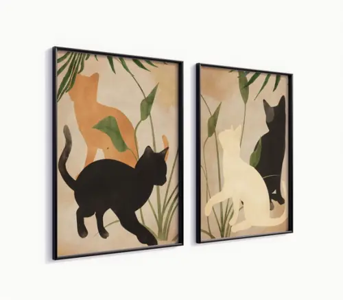 Kit 2 Quadros Decorativos Moldura Gato Minimalista