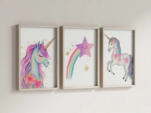 Kit 3 Quadros Decorativos Moldura Unicórnio