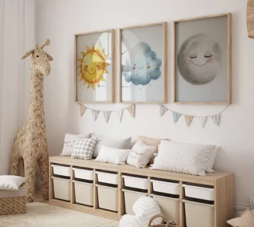 Kit 3 Quadros Decorativos Moldura Sol Nuvem Lua A3