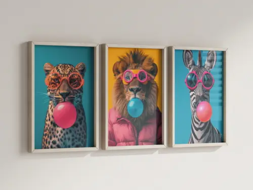 Kit 3 Quadros Decorativos Moldura Animais Arte Moderna