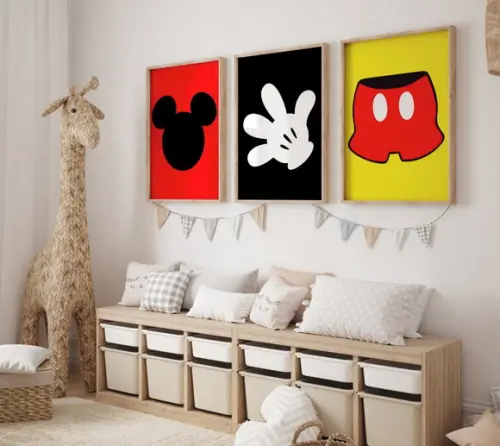 Kit 3 Quadros Decorativos Moldura Mickey Minimalista Grande