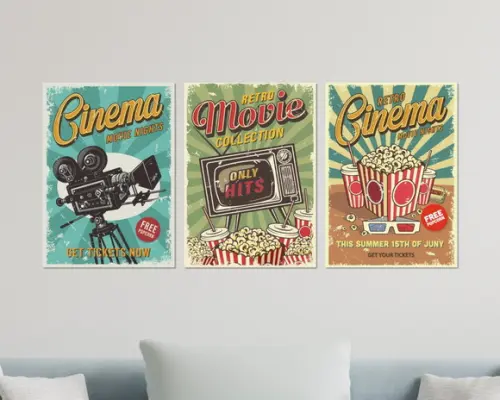 Kit 3 Placas Quadros Decorativos Cinema Vintage