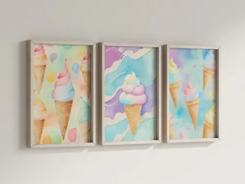 Kit 3 Quadros Decorativos Moldura Sorvete Casquinha c