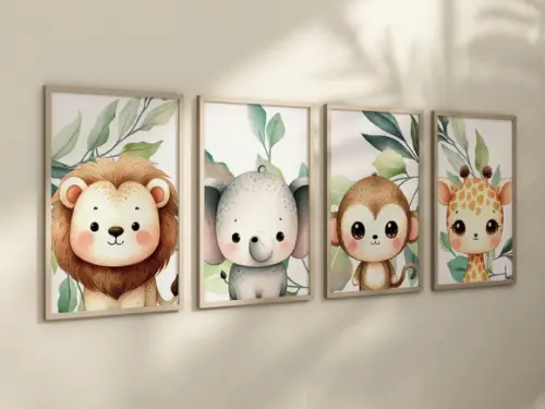 Kit 4 Quadros Decorativos Moldura Bebe Safari Animal Feliz