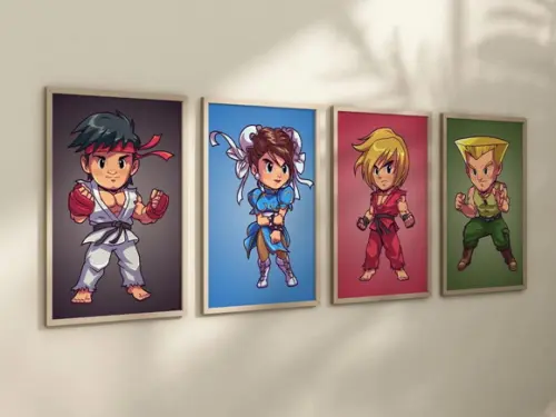 Kit 4 Quadros Decorativos Moldura Street Fighter