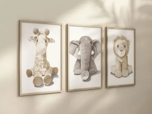 Kit 3 Quadros Decorativos Moldura Bebe Safari Animal A4