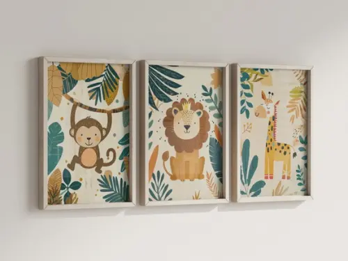 Kit 3 Quadros Decorativos Moldura Bebe Safari Animal Feliz e