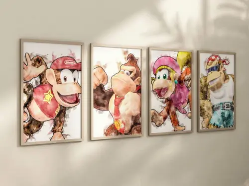 Kit 4 Quadros Decorativos Moldura Donkey Kong Snes