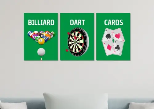 Kit 3 Placas Quadros Decorativos Bilhar Dardos Carta Jogos