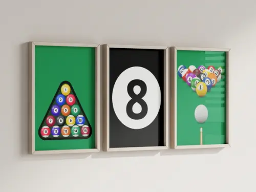 Kit 3 Quadros Decorativos Moldura Sinuca Bilhar Sala de Jogo