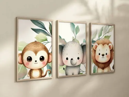 Kit 3 Quadros Decorativos Moldura Bebe Safari Animal Feliz