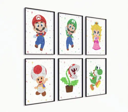 Kit 6 Quadros Decorativos Moldura Mario Personagens Arte B