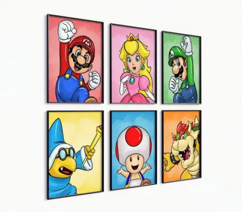 Kit 6 Quadros Decorativos Moldura Mario Personagens Arte F