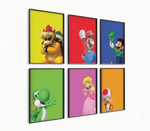 Kit 6 Quadros Decorativos Moldura Mario Personagens Arte D