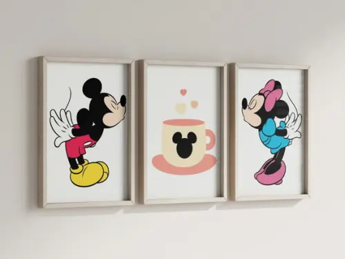 Kit 3 Quadros Decorativos Moldura Mickey Minnie Café Cozinha