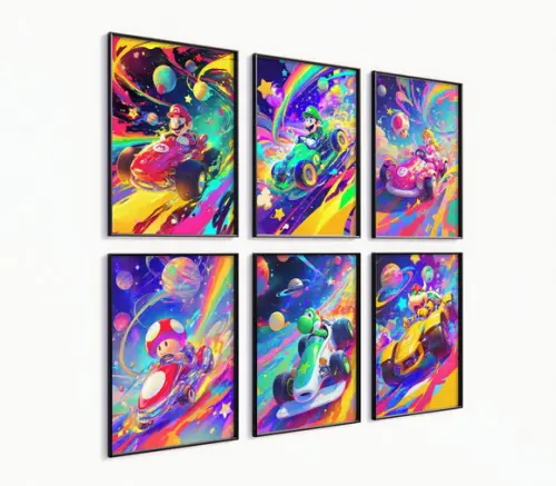 Kit 6 Quadros Decorativos Moldura Mario Kart Corrida Arte