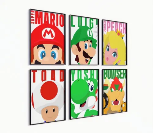 Kit 6 Quadros Decorativos Moldura Mario Personagens Arte c