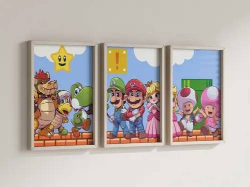 Kit 3 Quadros Decorativos Moldura Mario Personagens Arte