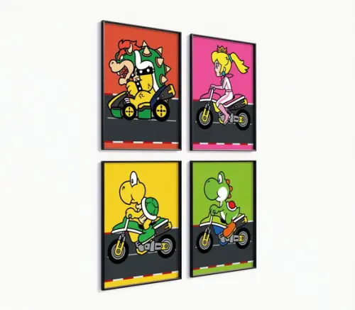 Kit 4 Quadros Decorativos Moldura Mario Kart Arte