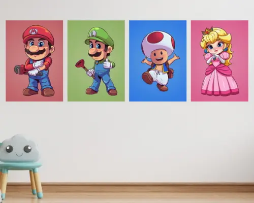 Kit 4 Placas Quadros Decorativos Mario Luigi Toad Peach