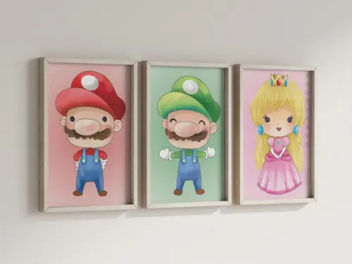 Kit 3 Quadros Decorativos Moldura Mario Luigi Peach Aquarela