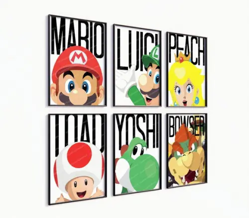 Kit 6 Quadros Decorativos Moldura Mario Personagens Arte