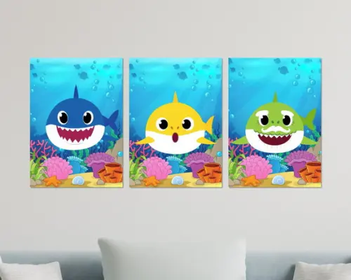 Kit 3 Placas Decorativas Quadro Baby Shark Azul Amarelo Verd